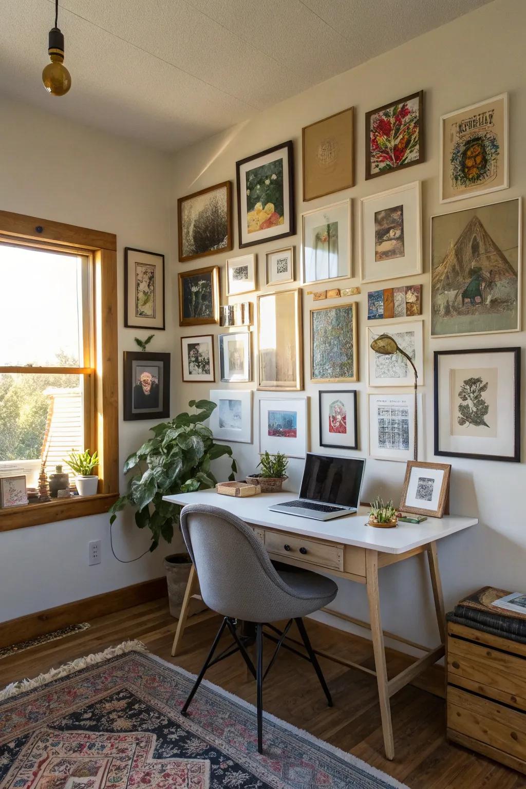 A playful arrangement of varied frame sizes creates a lively gallery wall in this office.