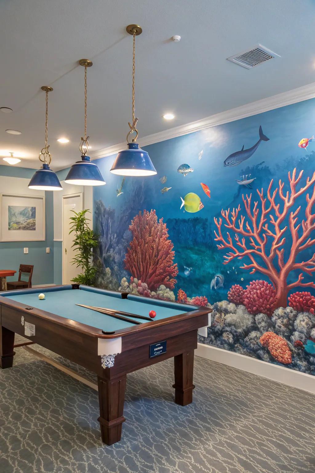 An underwater-themed game room mural for a serene and adventurous vibe.