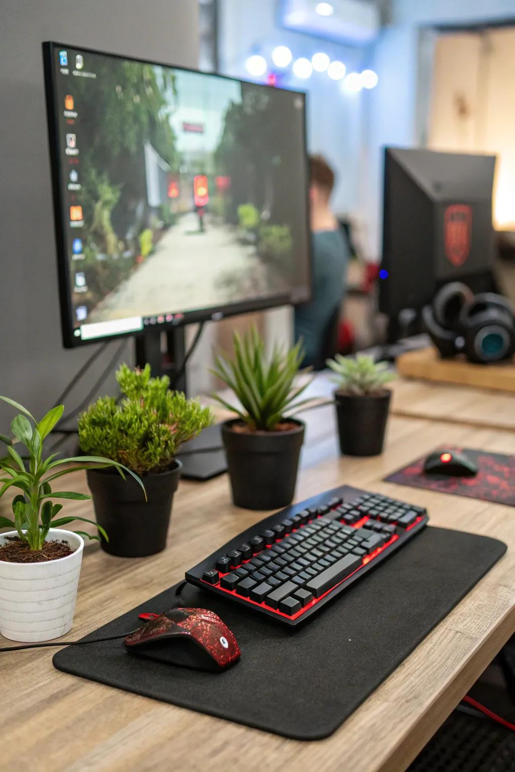 A touch of greenery in the gaming setup for a balanced and refreshing environment.