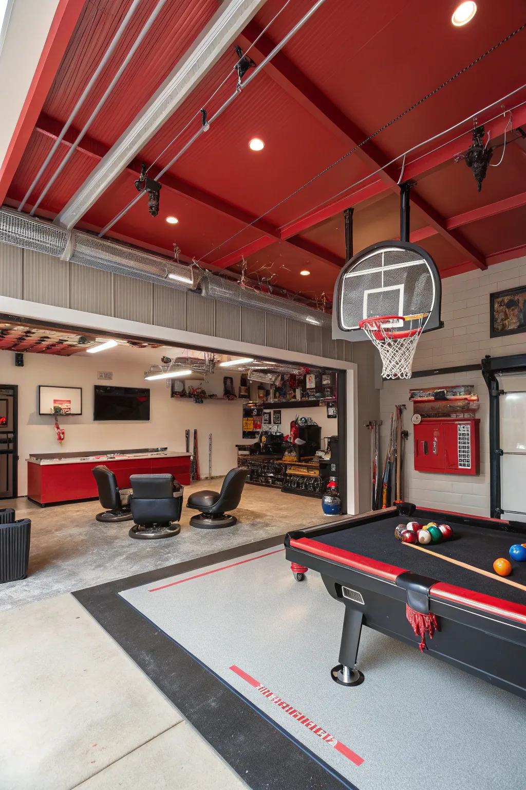 A bold red ceiling adds energy and excitement to your garage.