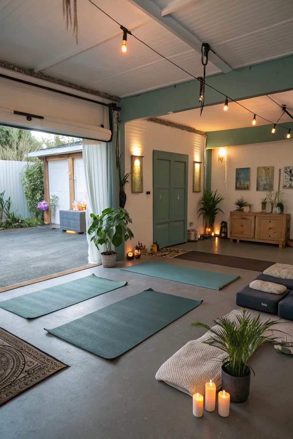 A tranquil yoga studio created from a garage conversion.