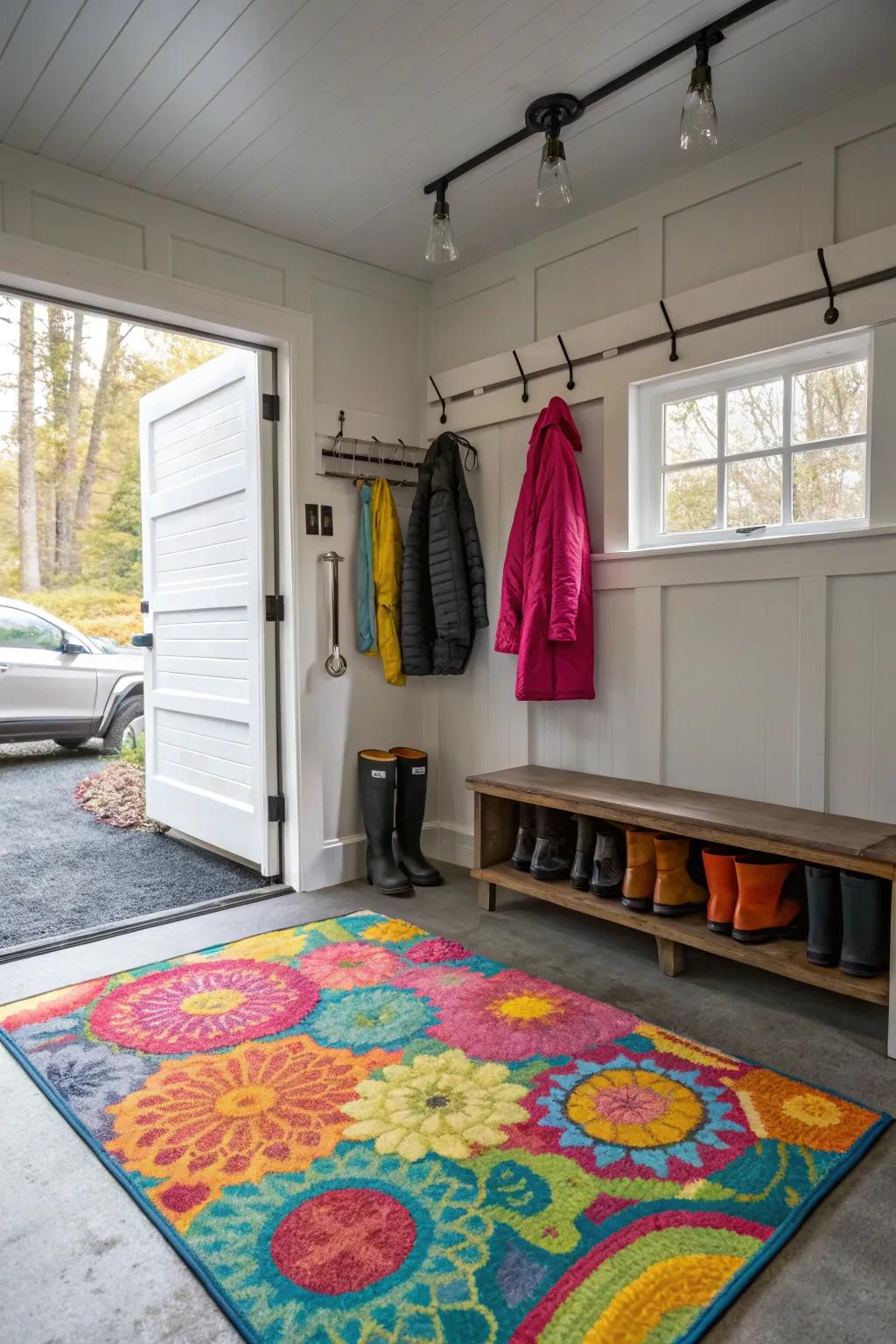 A colorful rug adds warmth and style to a garage mudroom.