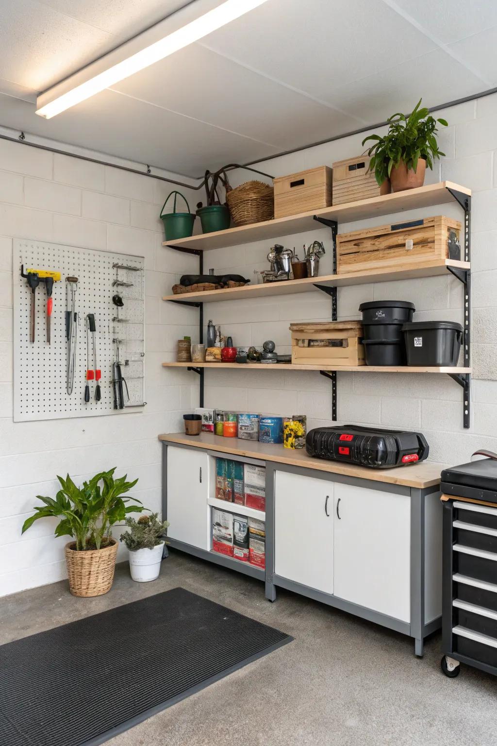 Corner shelves utilize unused space for small items.