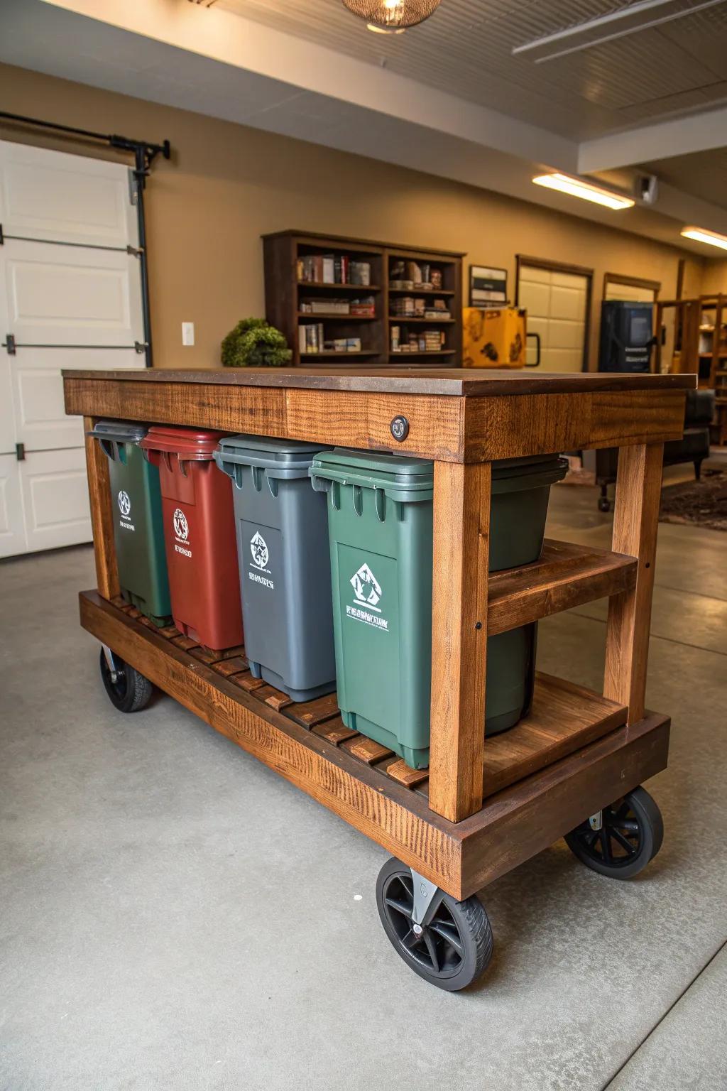 Elevate your garage organization with this handcrafted rolling bin cart—where style meets practicality.