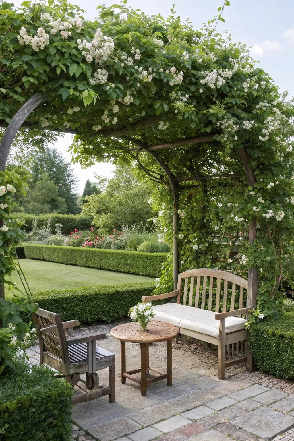 A secluded seating area framed by a lush arch trellis.