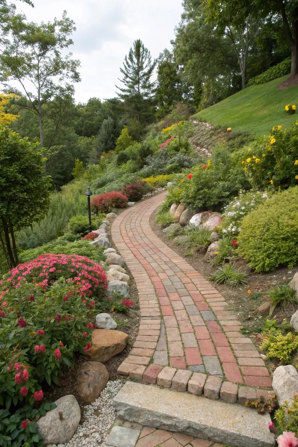 Robust pebble and brick walkway.