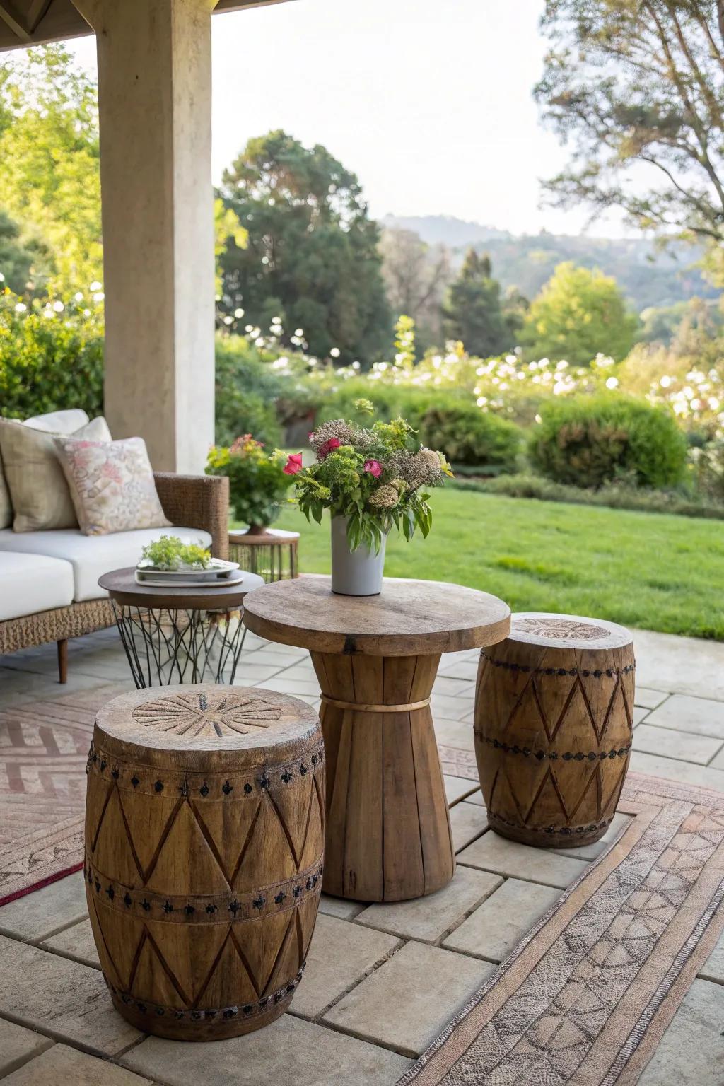 A trio of garden stools creates a flexible and stylish coffee table on the patio.