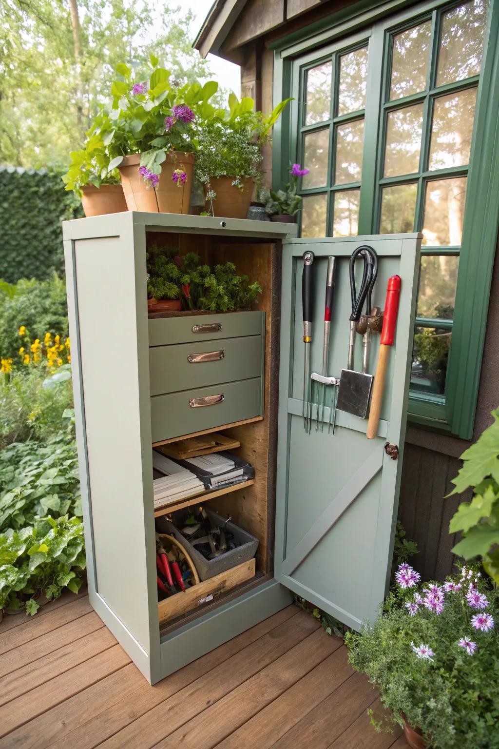 An old filing cabinet, repurposed and painted, offers unique storage for garden tools.