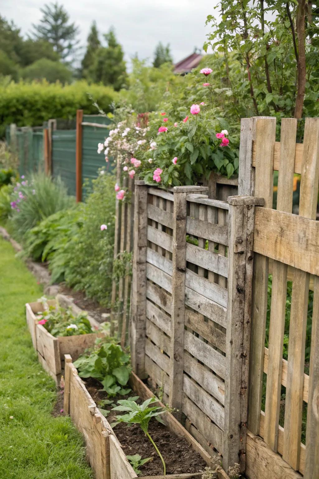 Eco-friendly and charming, a fence made from recycled materials.