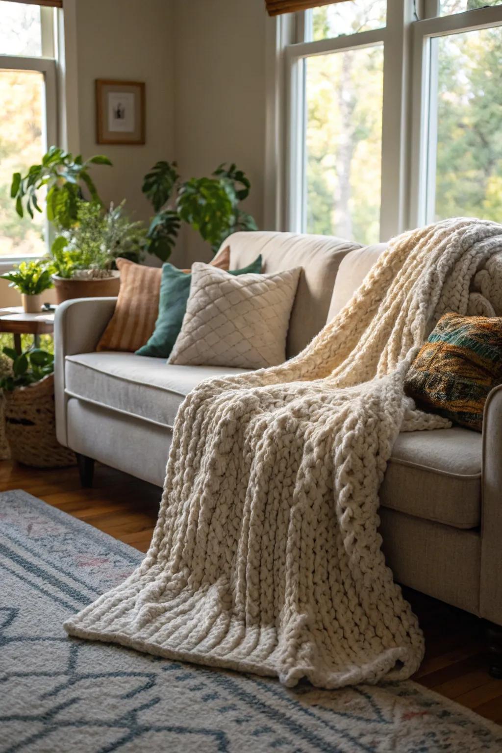 A warm and inviting knitted throw blanket for cozy nights.