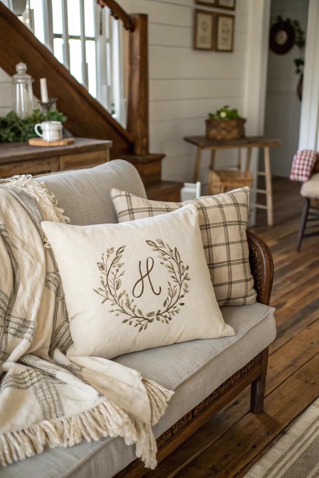 A personalized pillow adds a cozy touch to any country home.