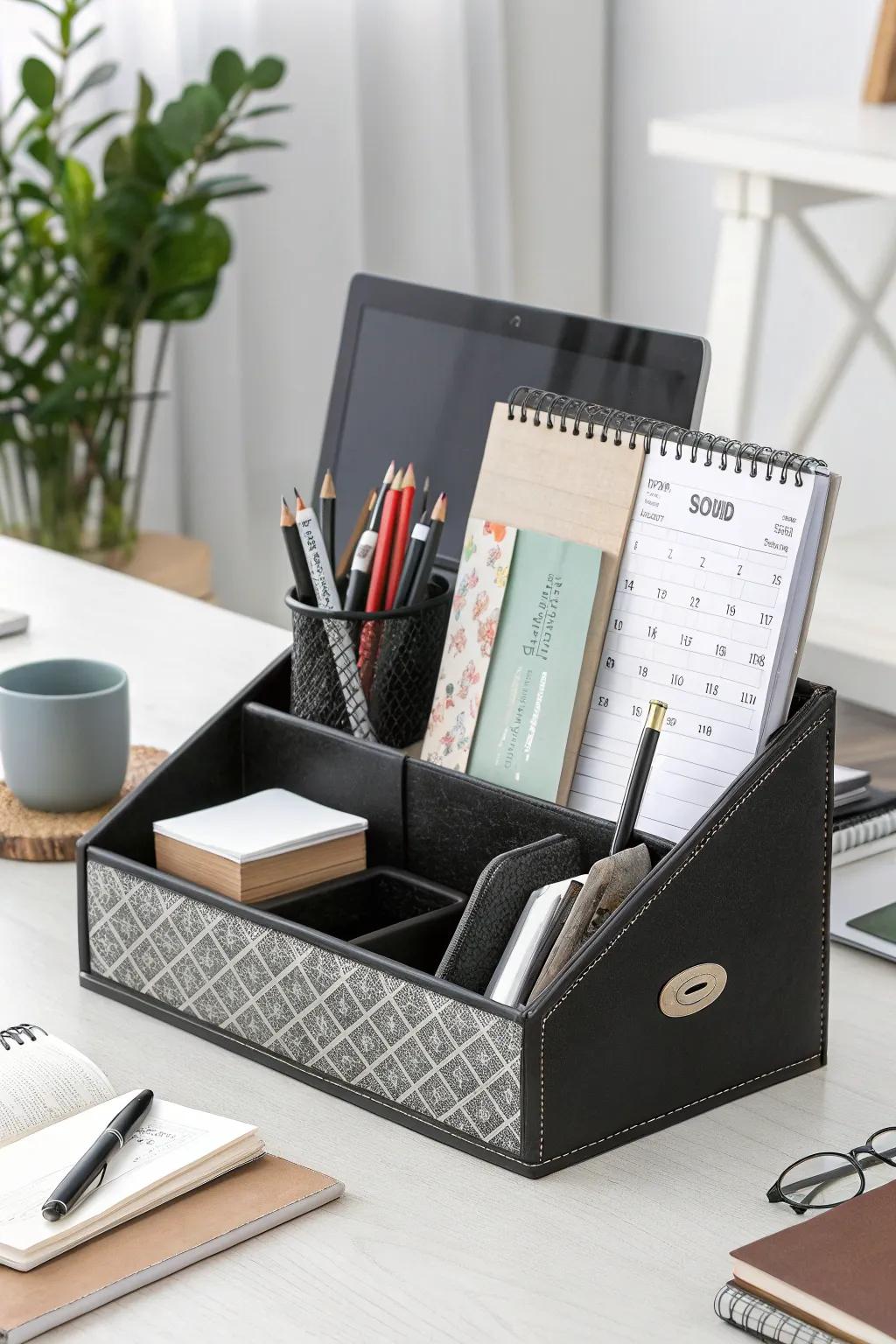 A desk organizer helps keep workspaces tidy and efficient.