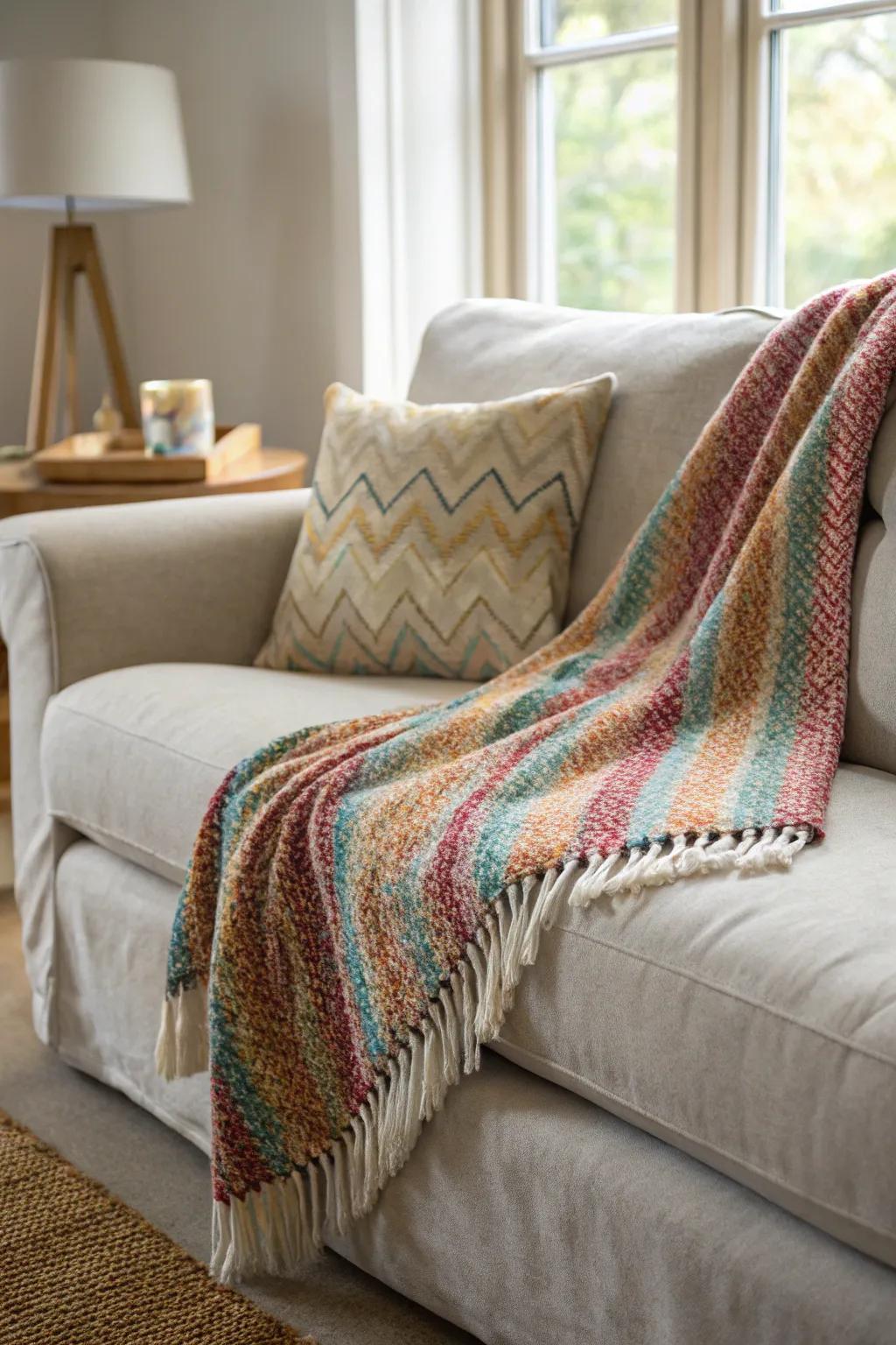 A handwoven throw blanket, perfect for cozy evenings.