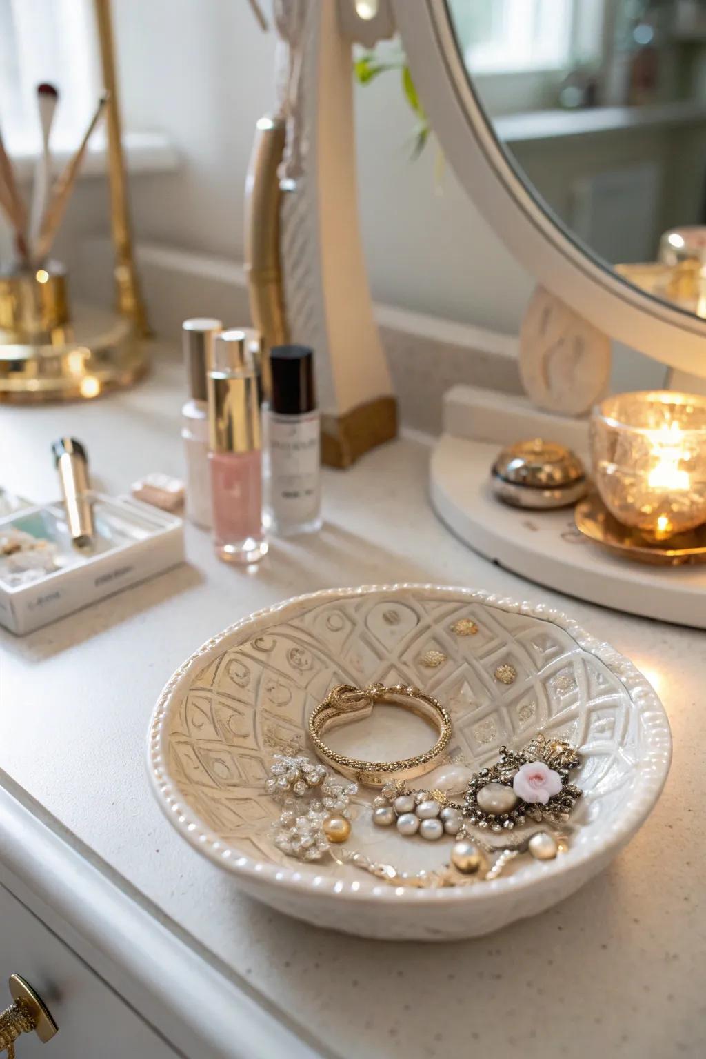 A handmade jewelry dish keeps treasures organized in style.