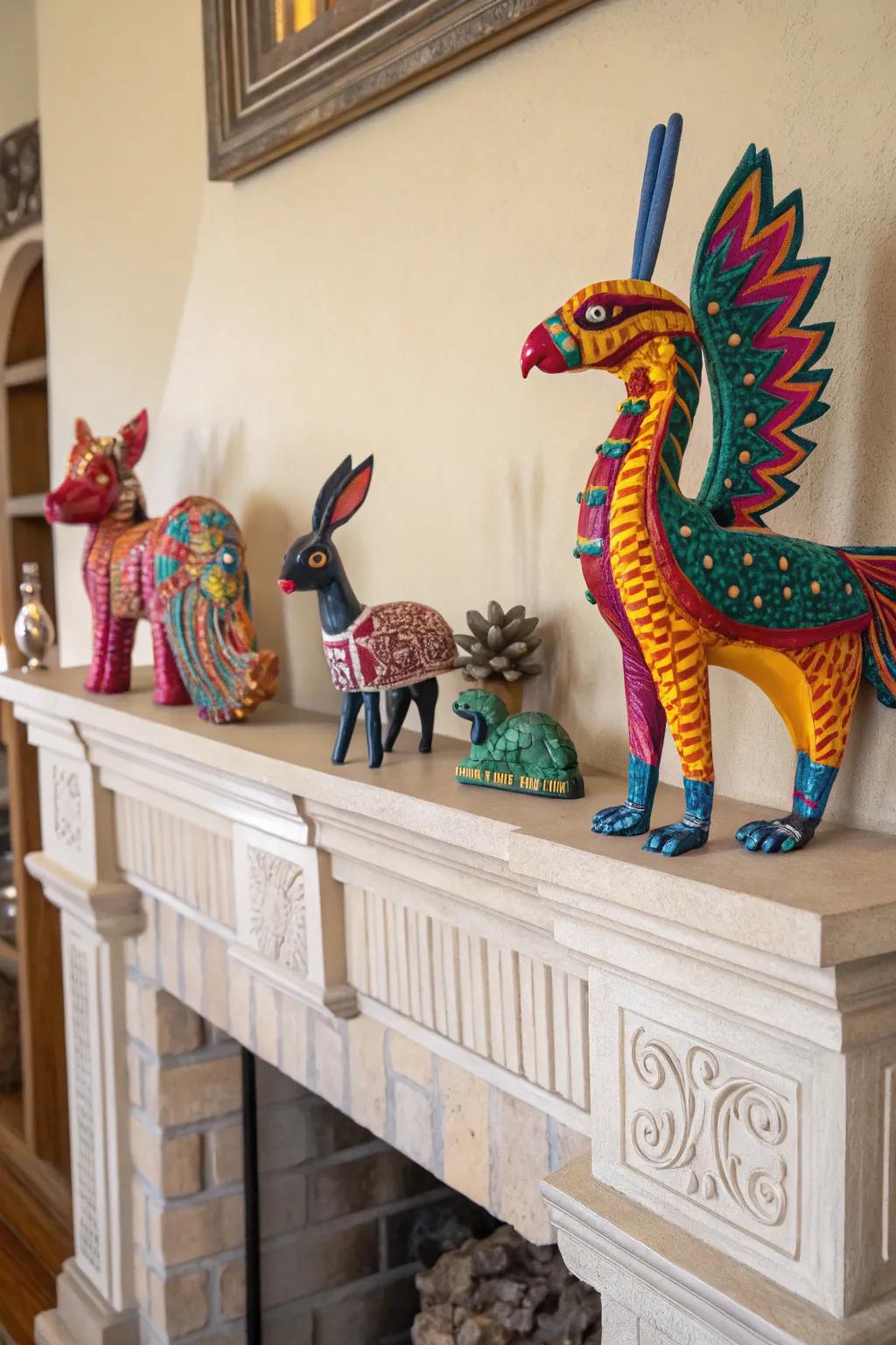 Add a whimsical touch to your decor with colorful Alebrijes sculptures.