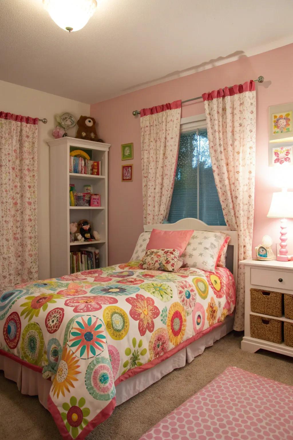 A girl's bedroom featuring patterned bedding and curtains that add a playful touch.