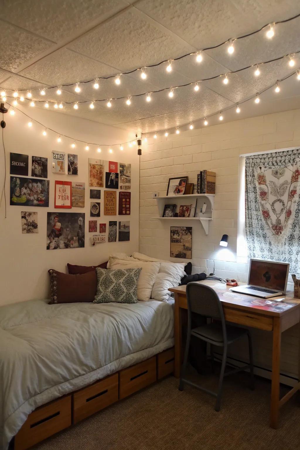 String lights add warmth and charm to your dorm room.