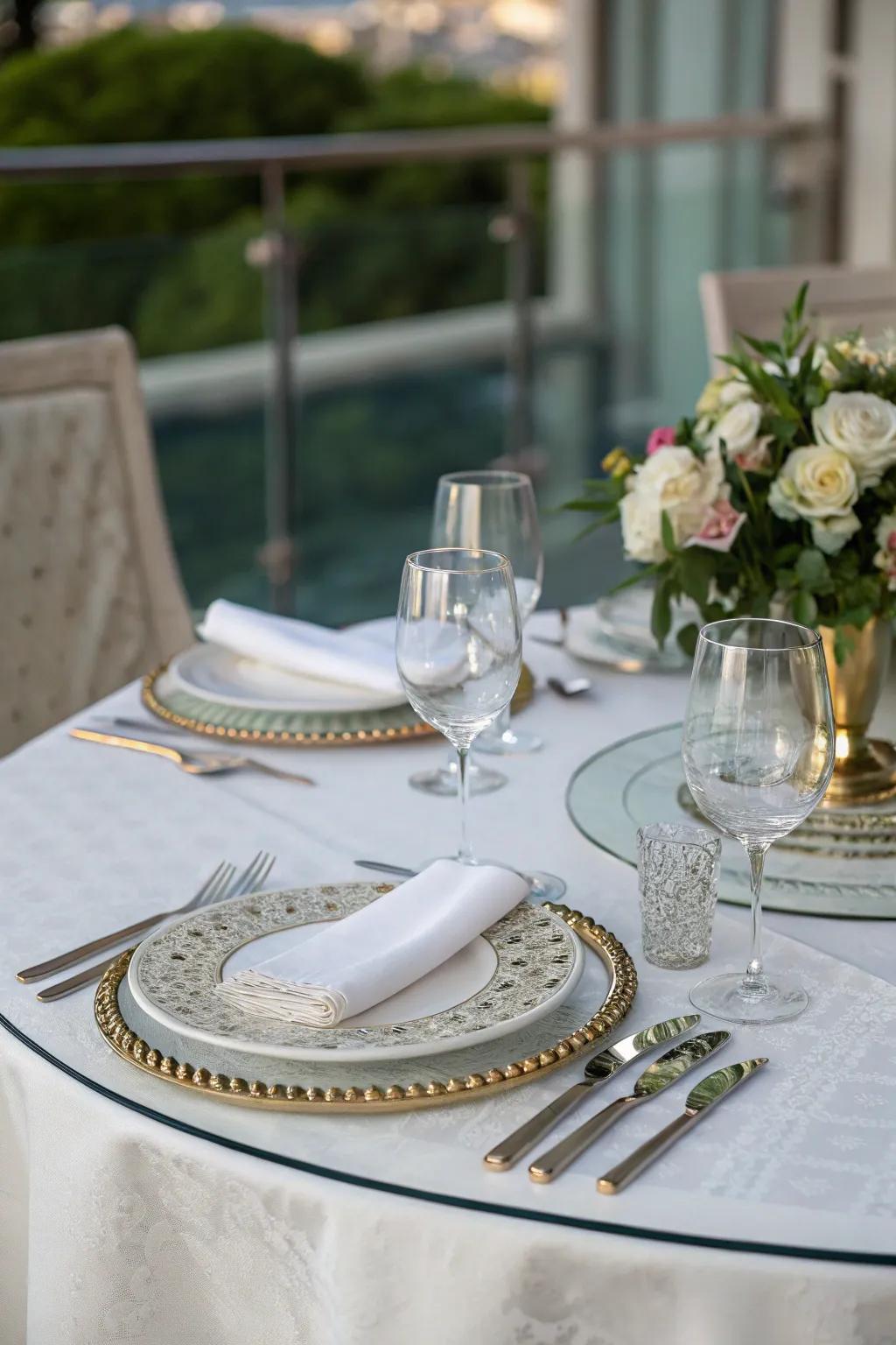 A crisp white tablecloth elegantly draped over a glass dining table.