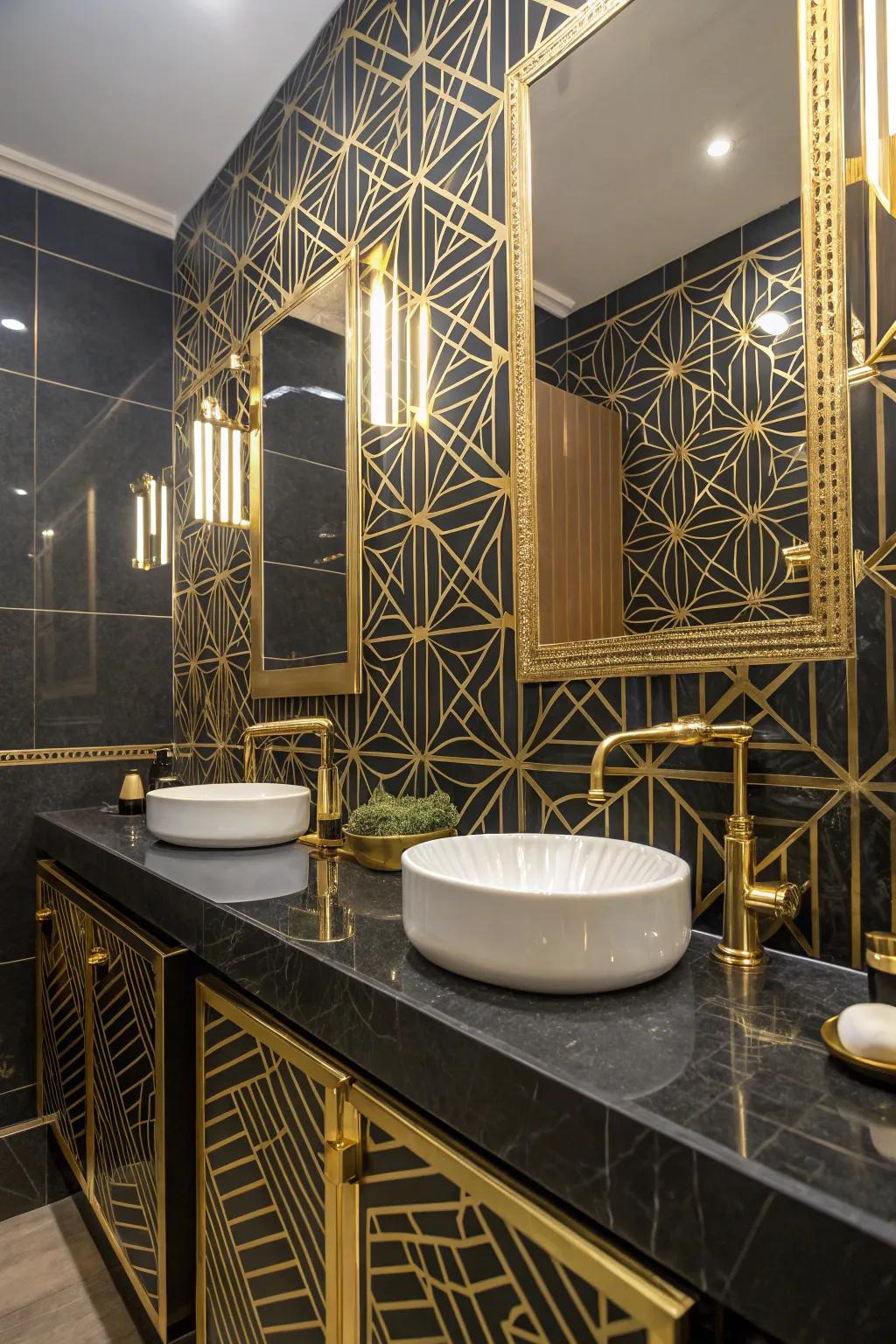 An Art Deco bathroom with glamorous gold accents.