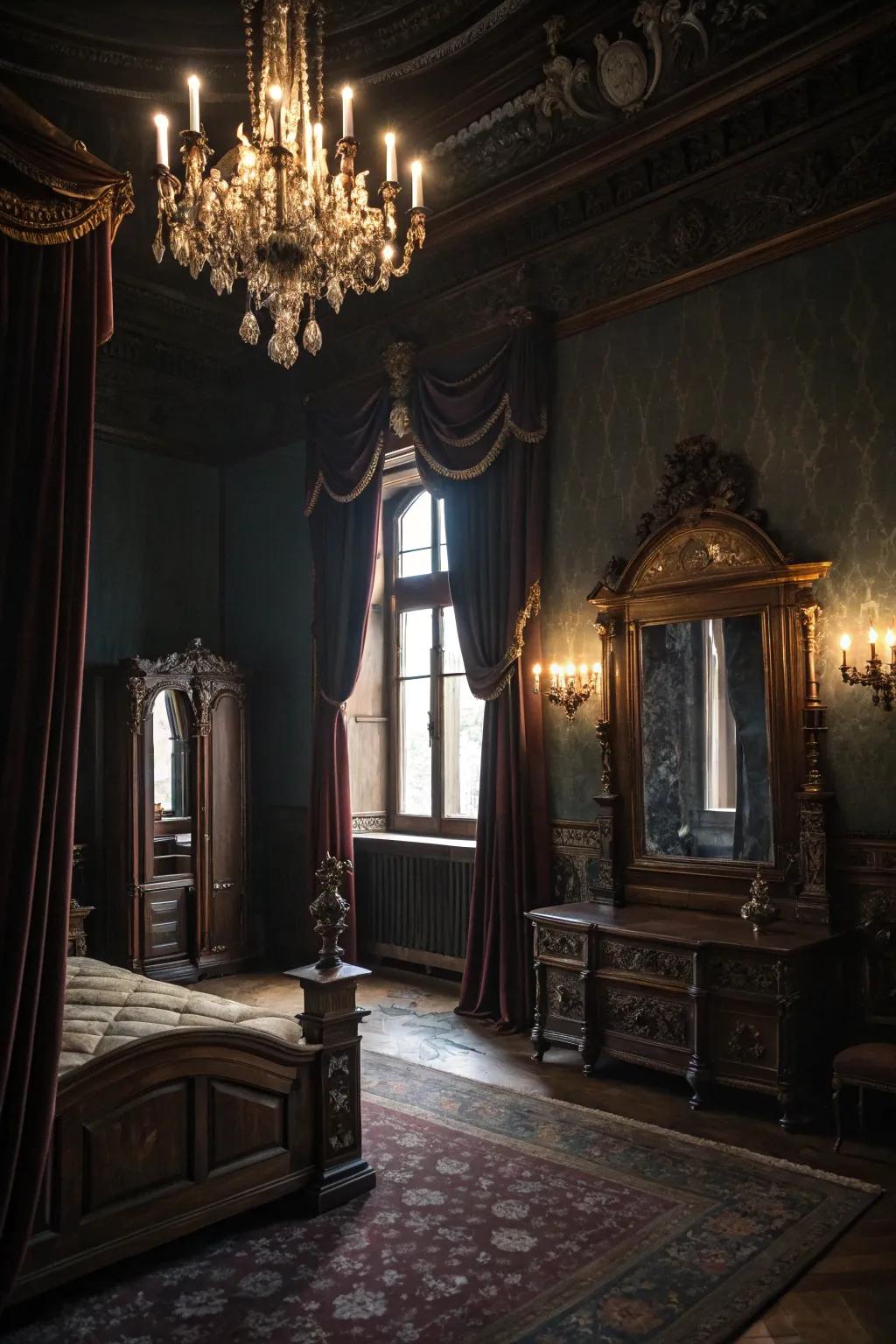 Antique mirrors add elegance and mystery to this Gothic space.