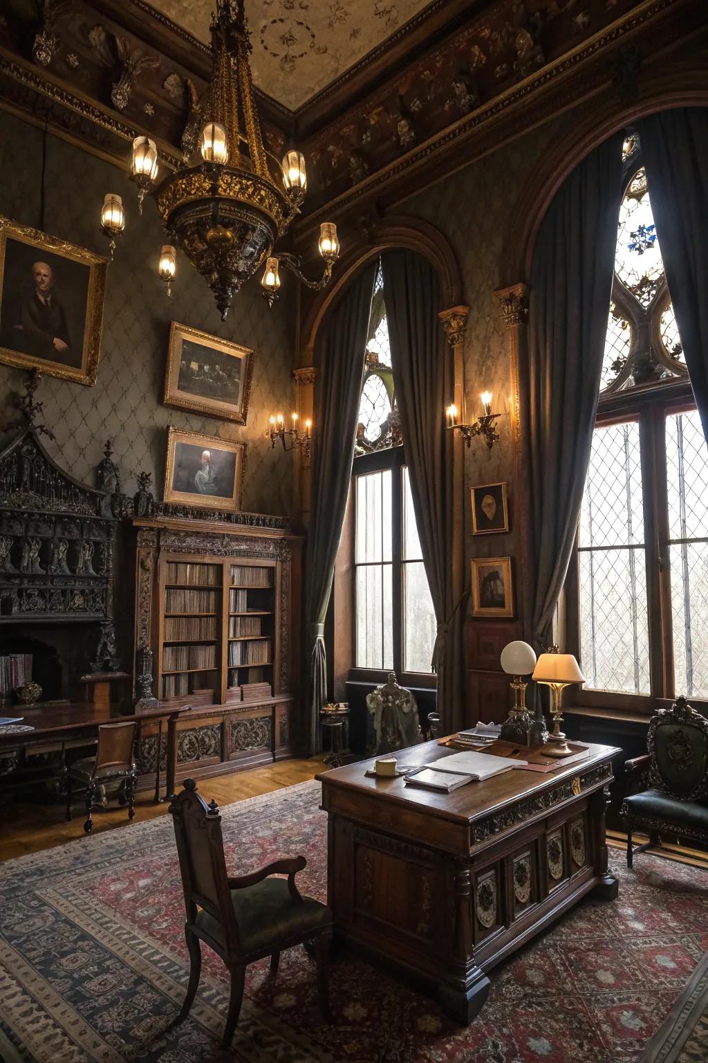 Antique accessories provide depth and character in a Gothic office.