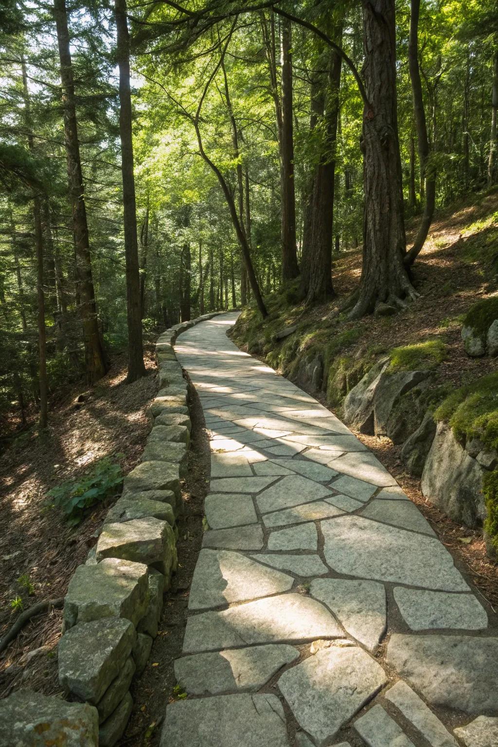 Granite walkway with natural stone edging.