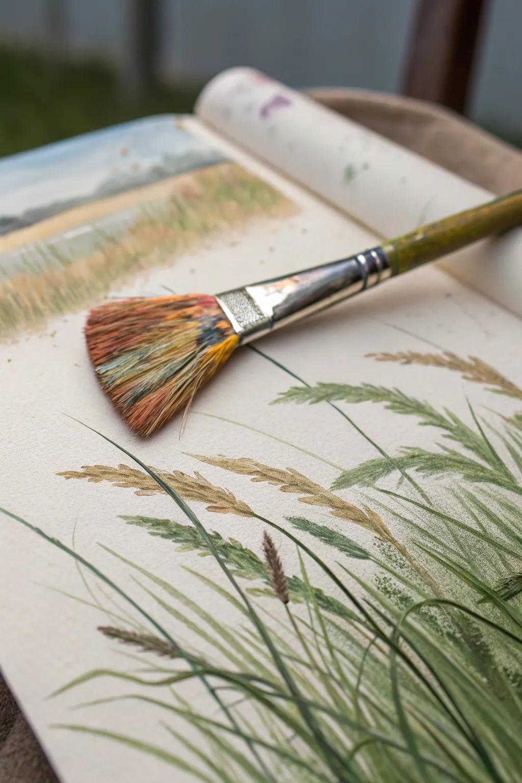 A fan brush helps create fine, detailed blades of grass.