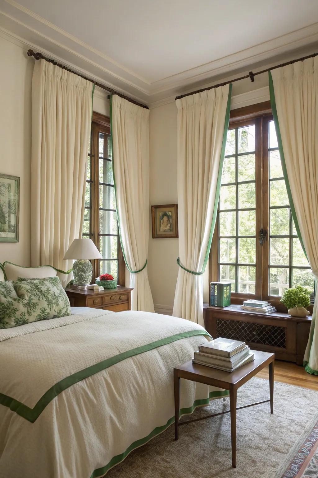 Cream curtains with green accents enhance natural light and style.