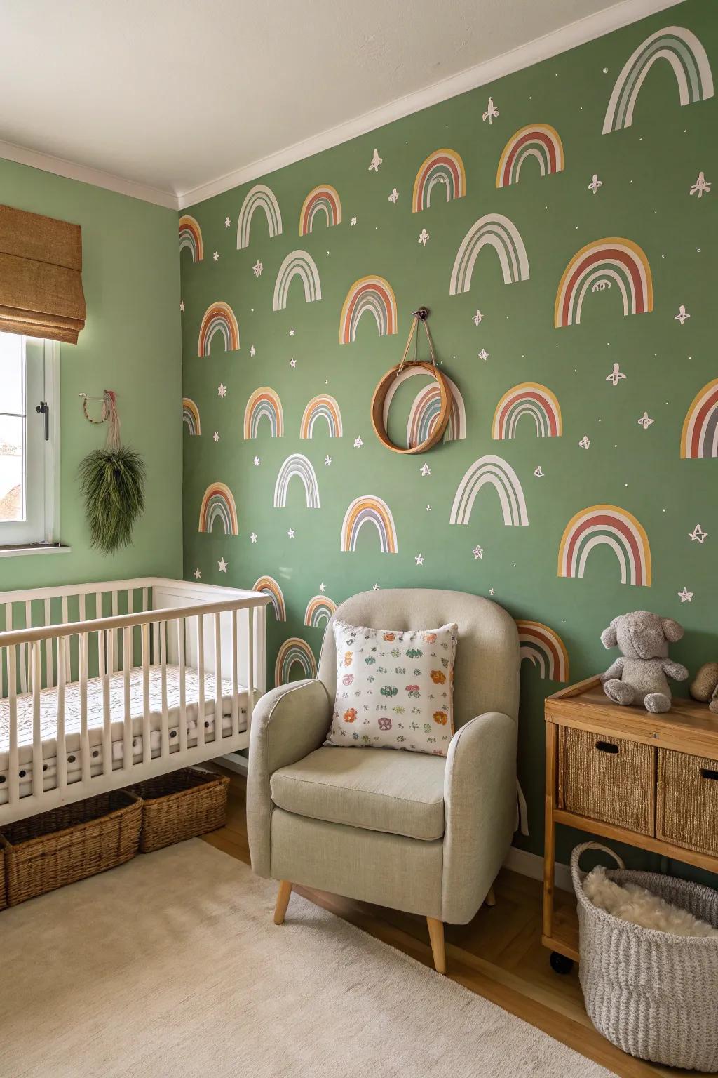 A magical nursery with charming green rainbow wallpaper.