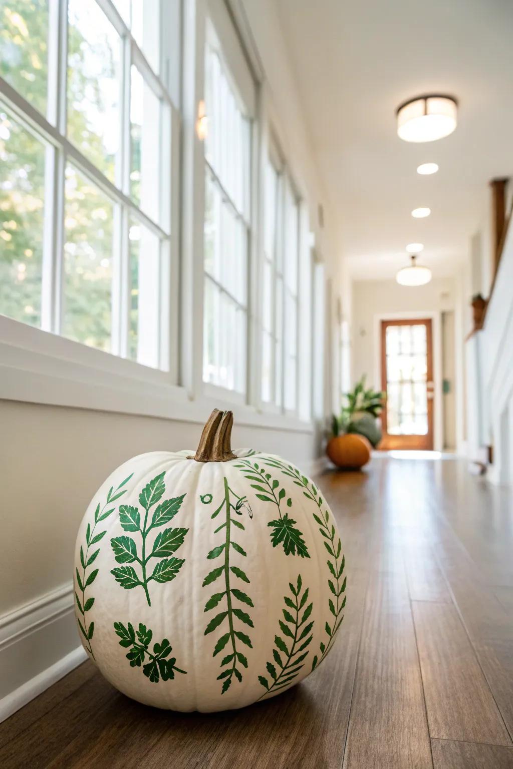 Leafy green stencil art on a pumpkin, adding charm to the hallway.