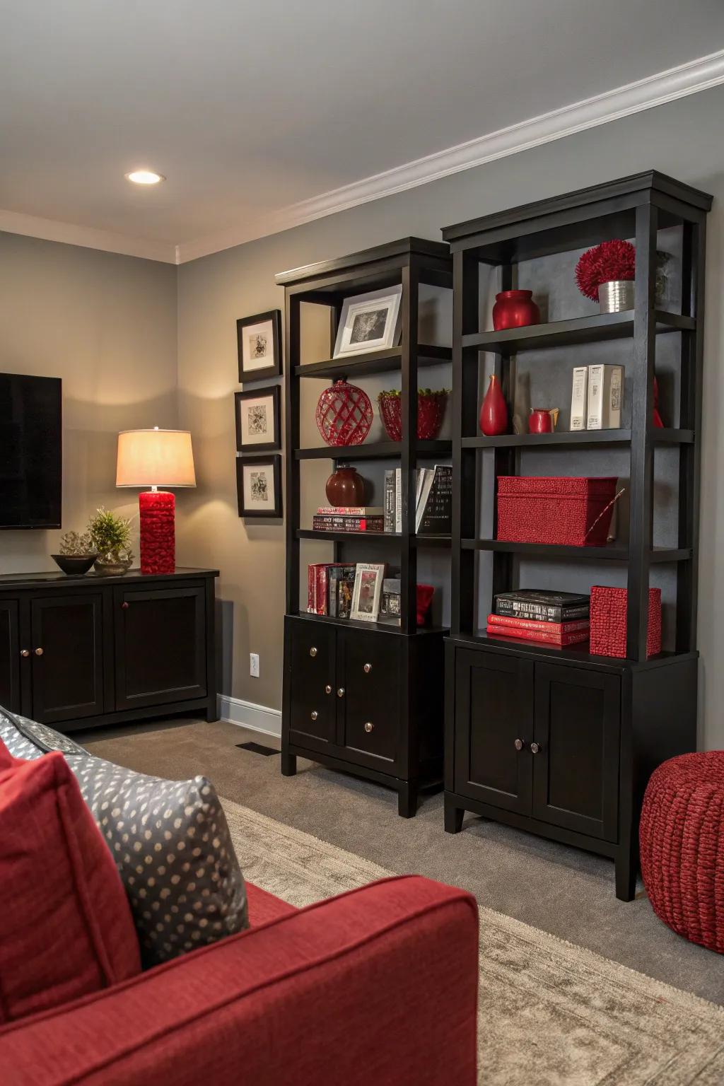 Black shelving adds depth and style to this living room.