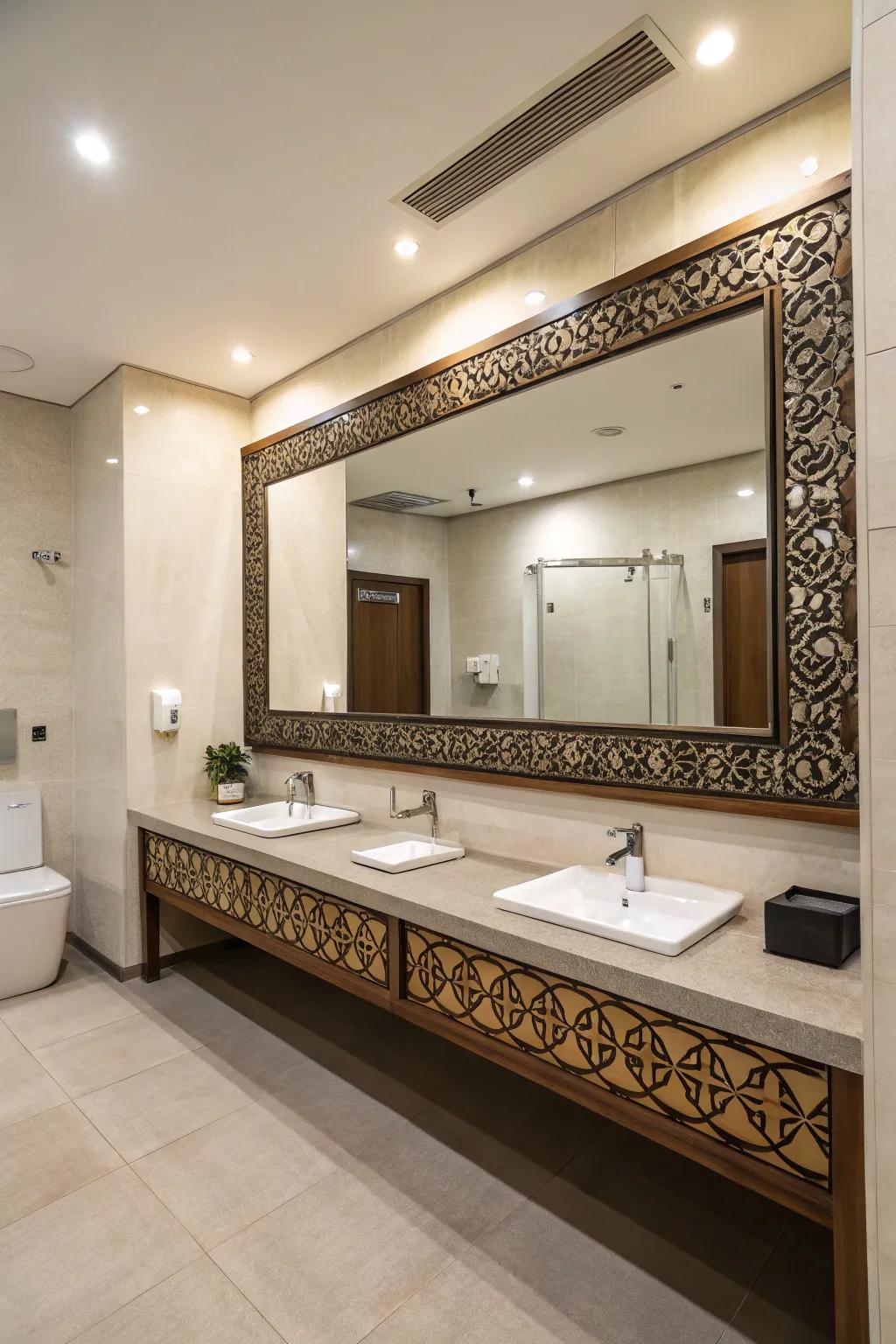 A statement mirror adds elegance and functionality to the guest restroom.