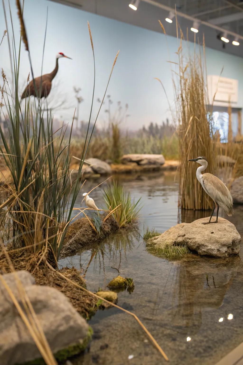 A peaceful wetland habitat diorama with reflective water and birdlife.