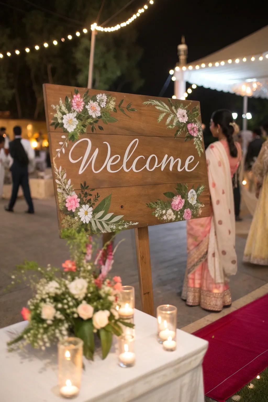 Personalized signage with elegant calligraphy greeting guests at the event.