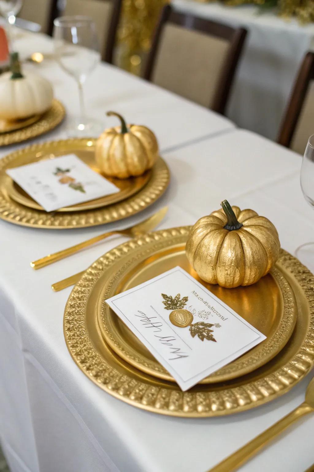 Golden mini pumpkins add a touch of glam to a Halloween table.