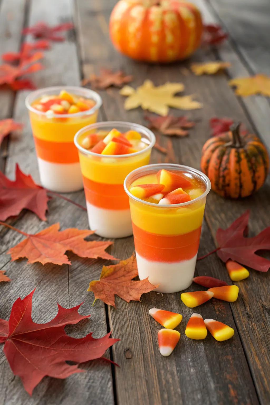 Candy corn cups bringing a classic Halloween color scheme to life.