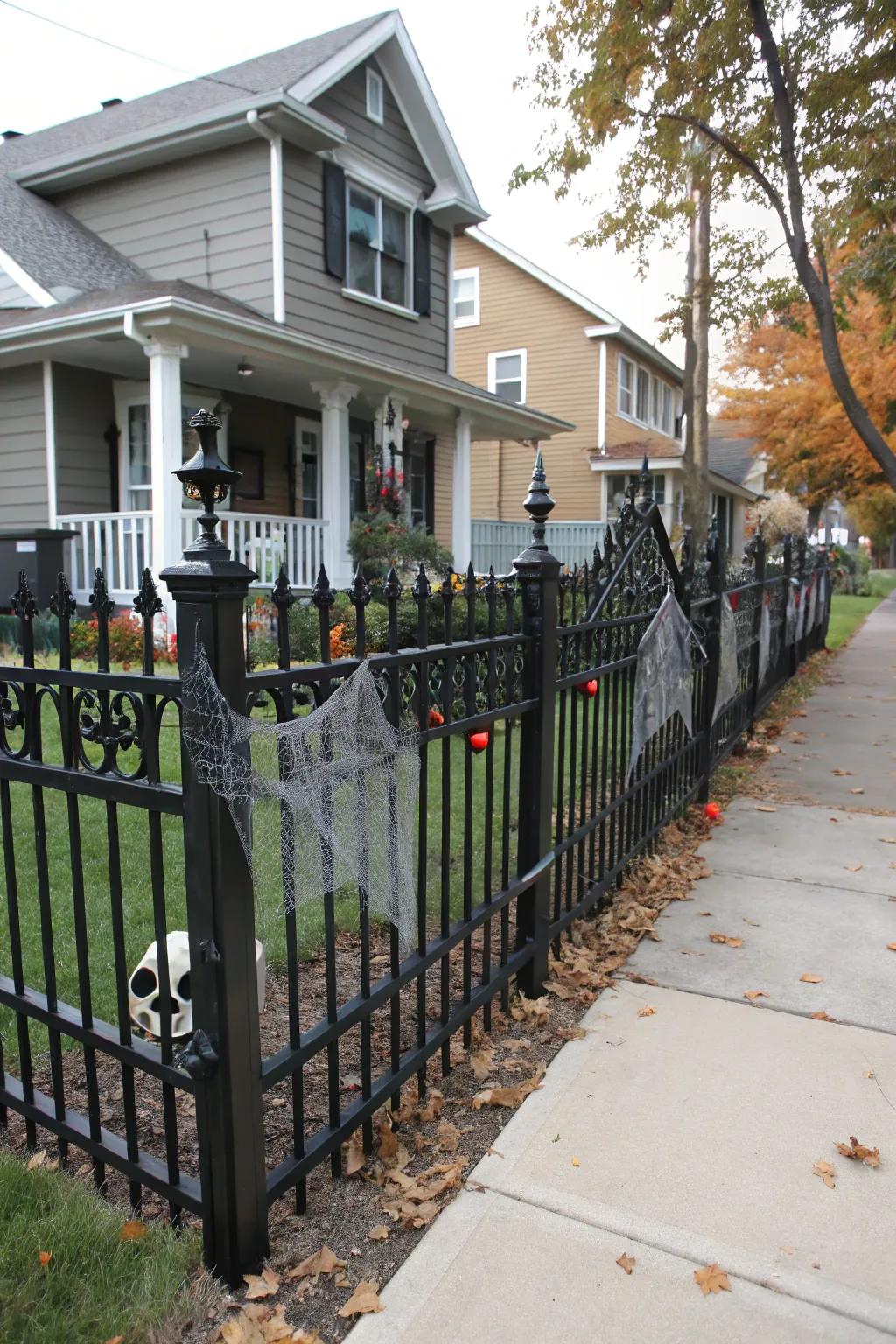 A faux wrought iron fence adds elegance and spook.