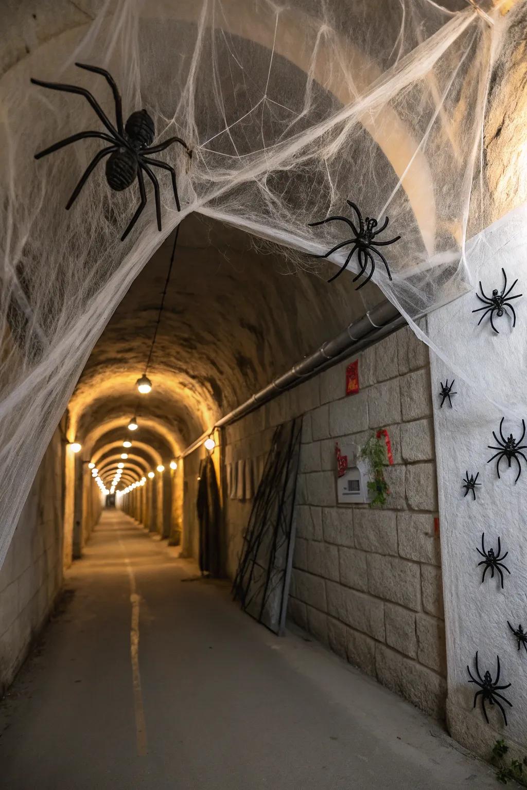 A spider web walkthrough adds a tactile scare to your Halloween tunnel.