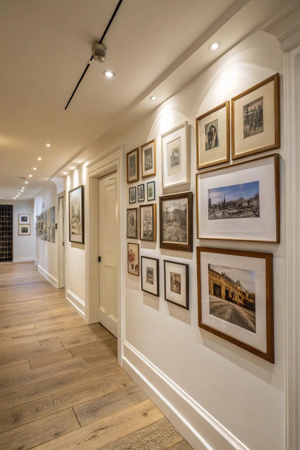 A gallery wall adds a personal touch and artistic flair to the hallway.