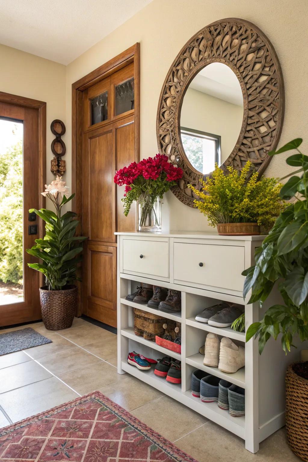 Plants and mirrors enhance the aesthetic of shoe storage.