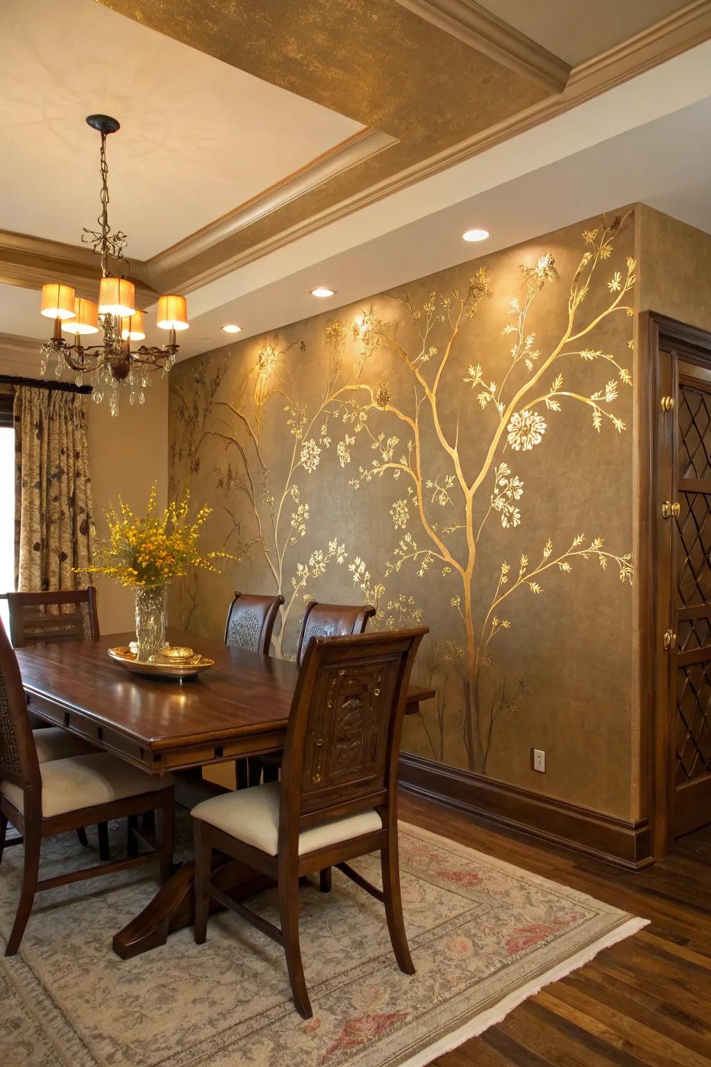 Metallic accents add a touch of glamour to the dining room.