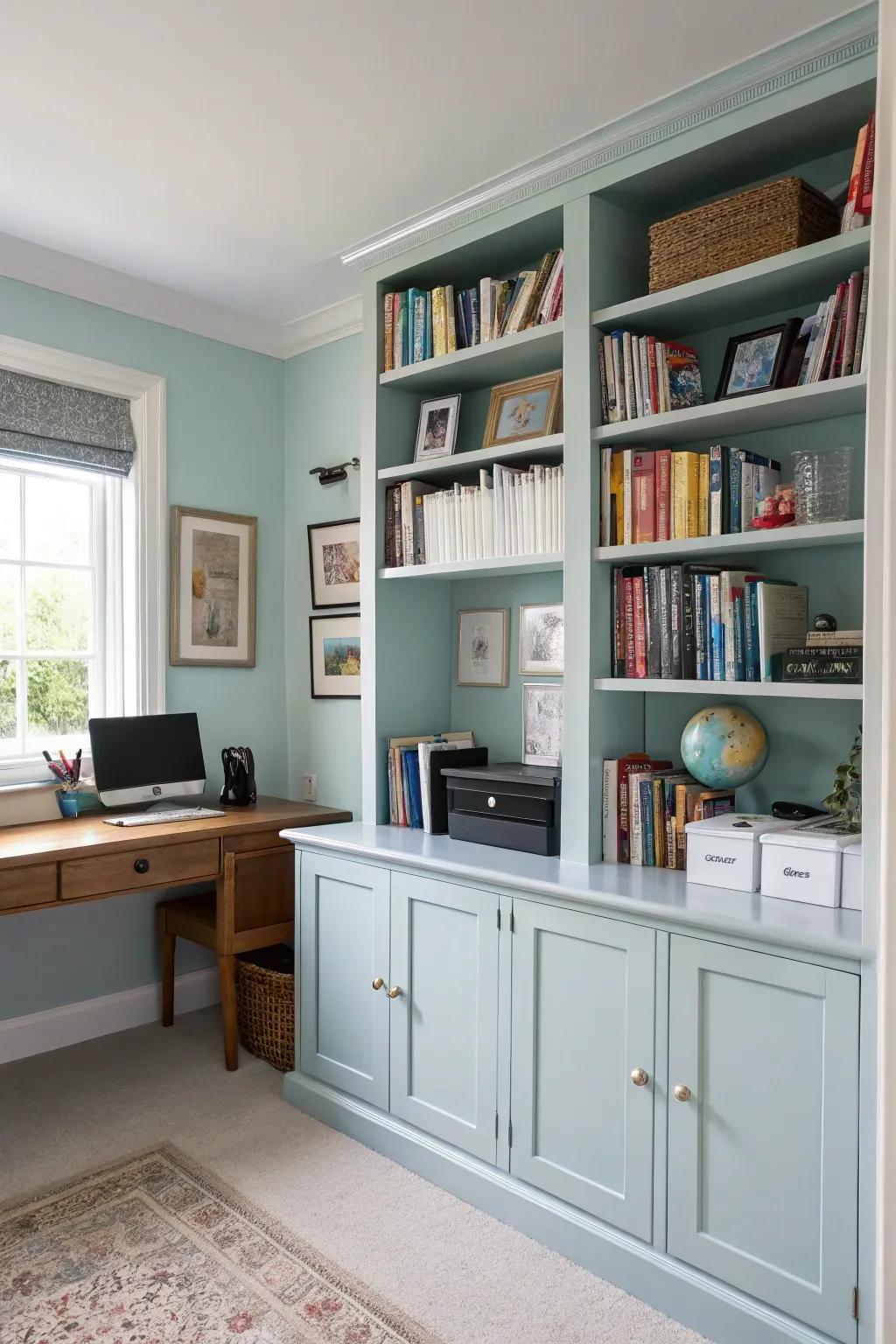 A bookshelf seamlessly integrated with matching wall color.