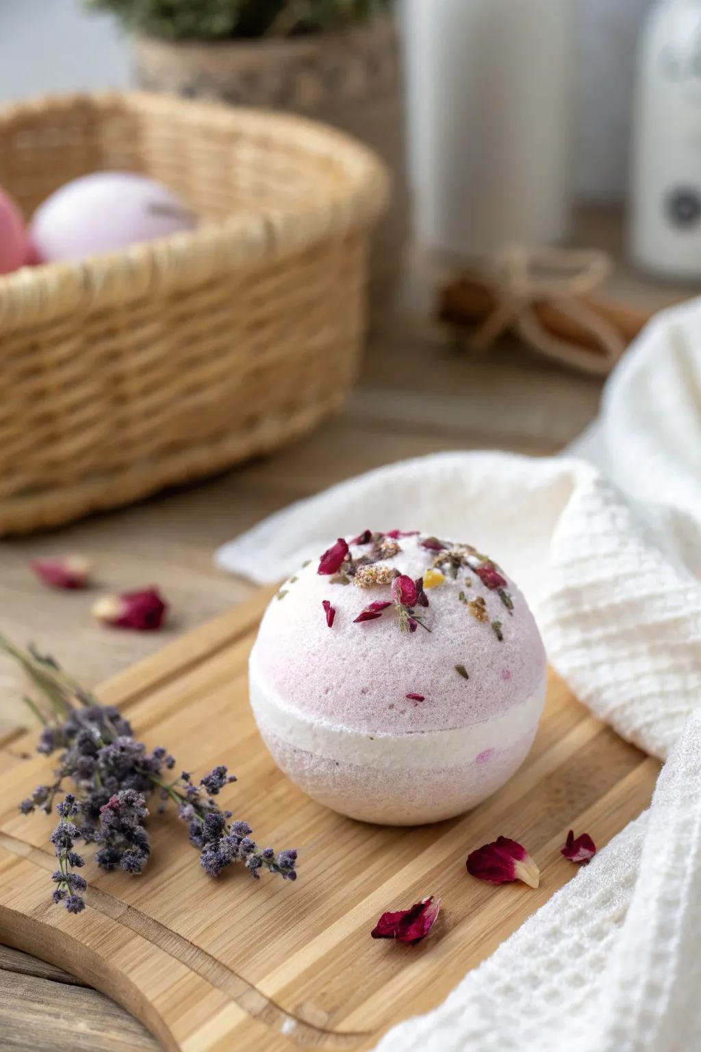 Elevate your self-care ritual with a handcrafted bath bomb adorned with nature's finest touches.