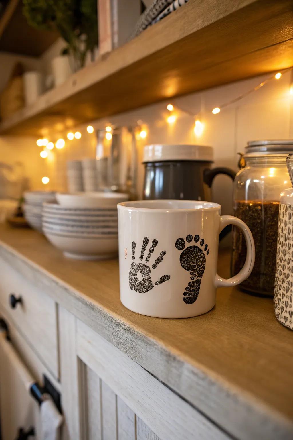 Combine handprints and footprints for a unique and memorable mug.