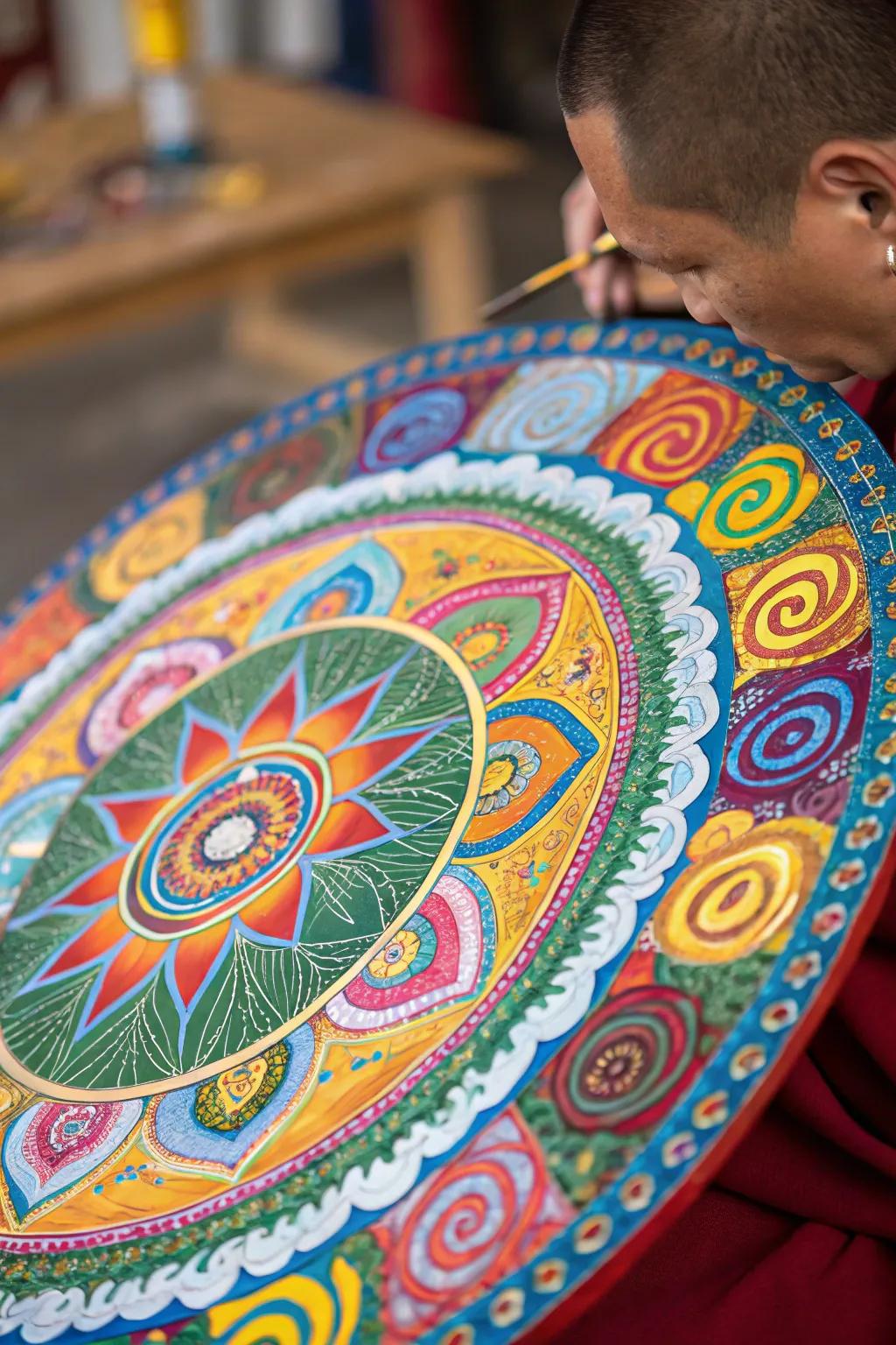 A joyful mandala painting that brings relaxation and positive energy.