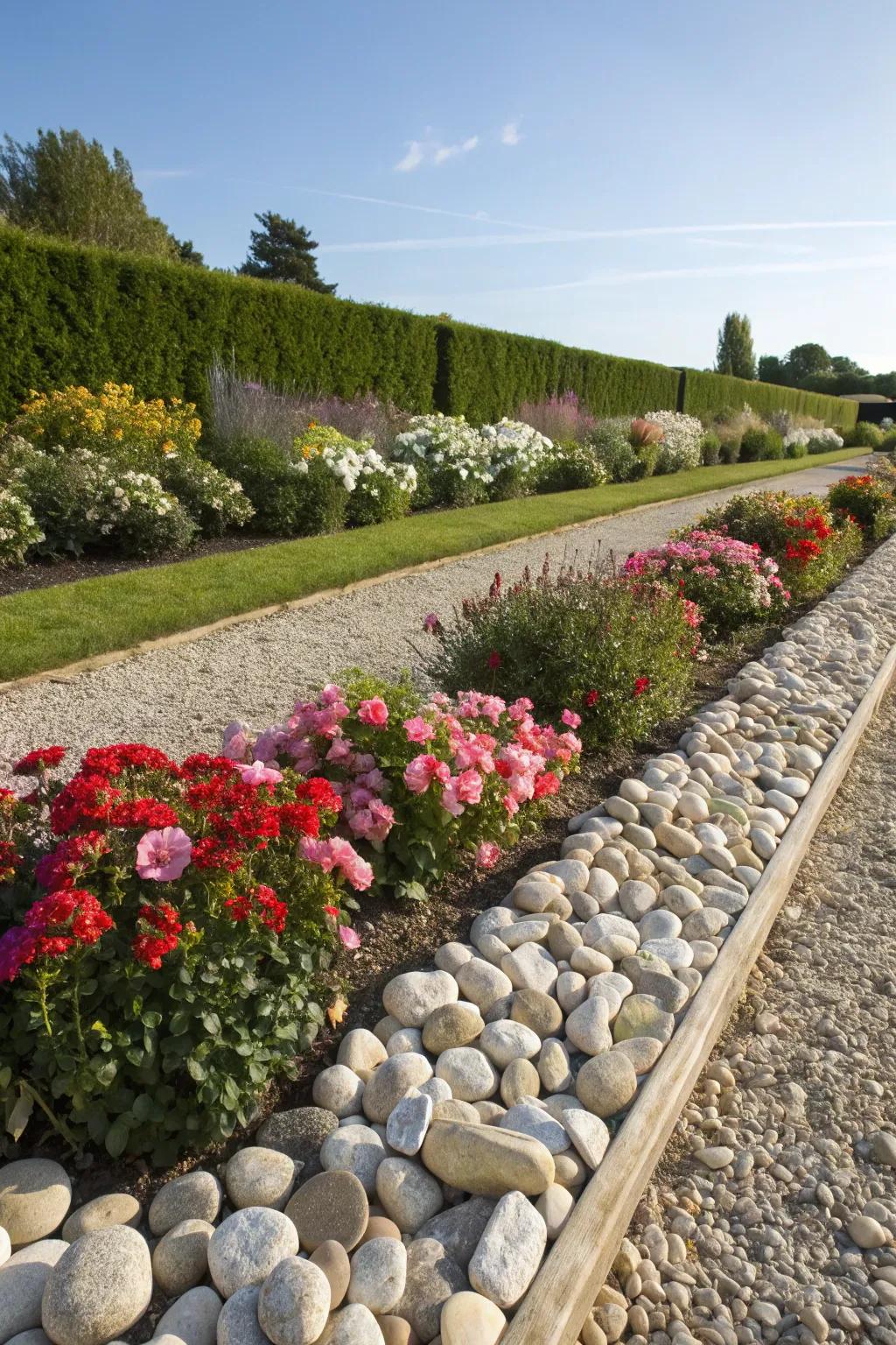 Pebble borders provide a soft, natural finish to flower beds.