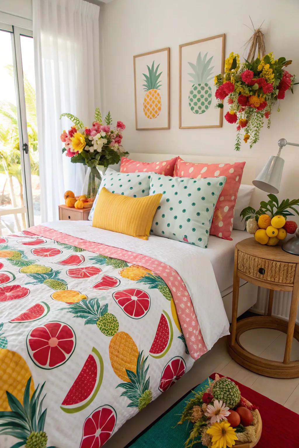 Tropical fruit patterns bring a playful and welcoming vibe to any room.