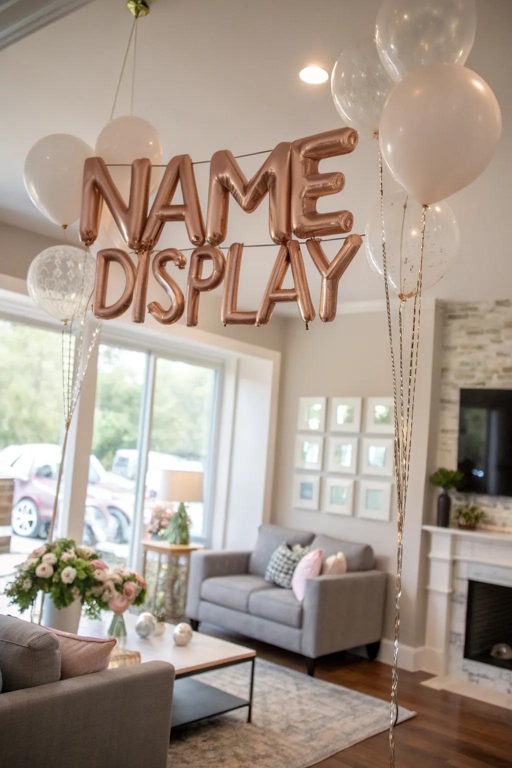 A personalized helium balloon name display.