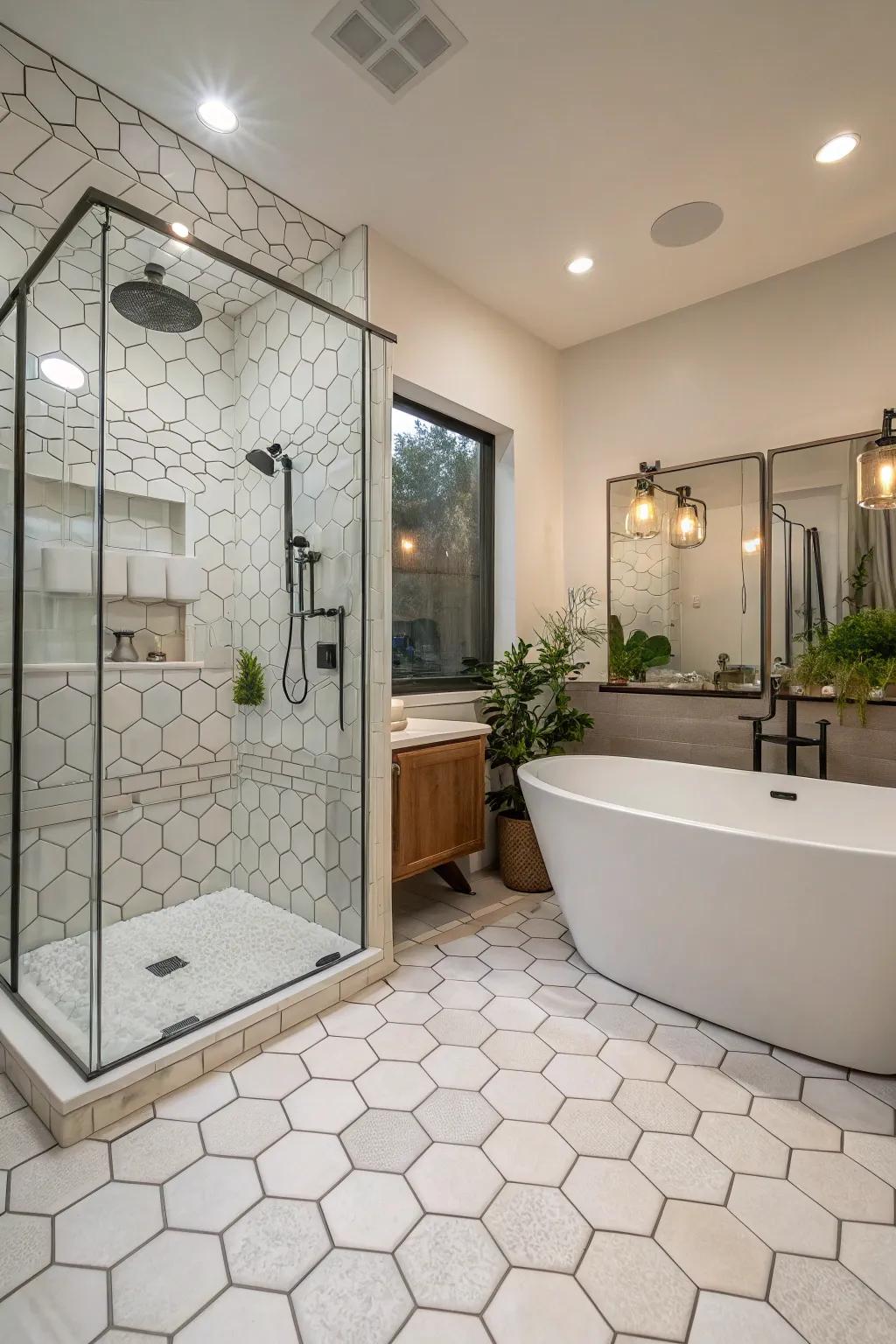 Hexagon tiles create a serene bathroom retreat.