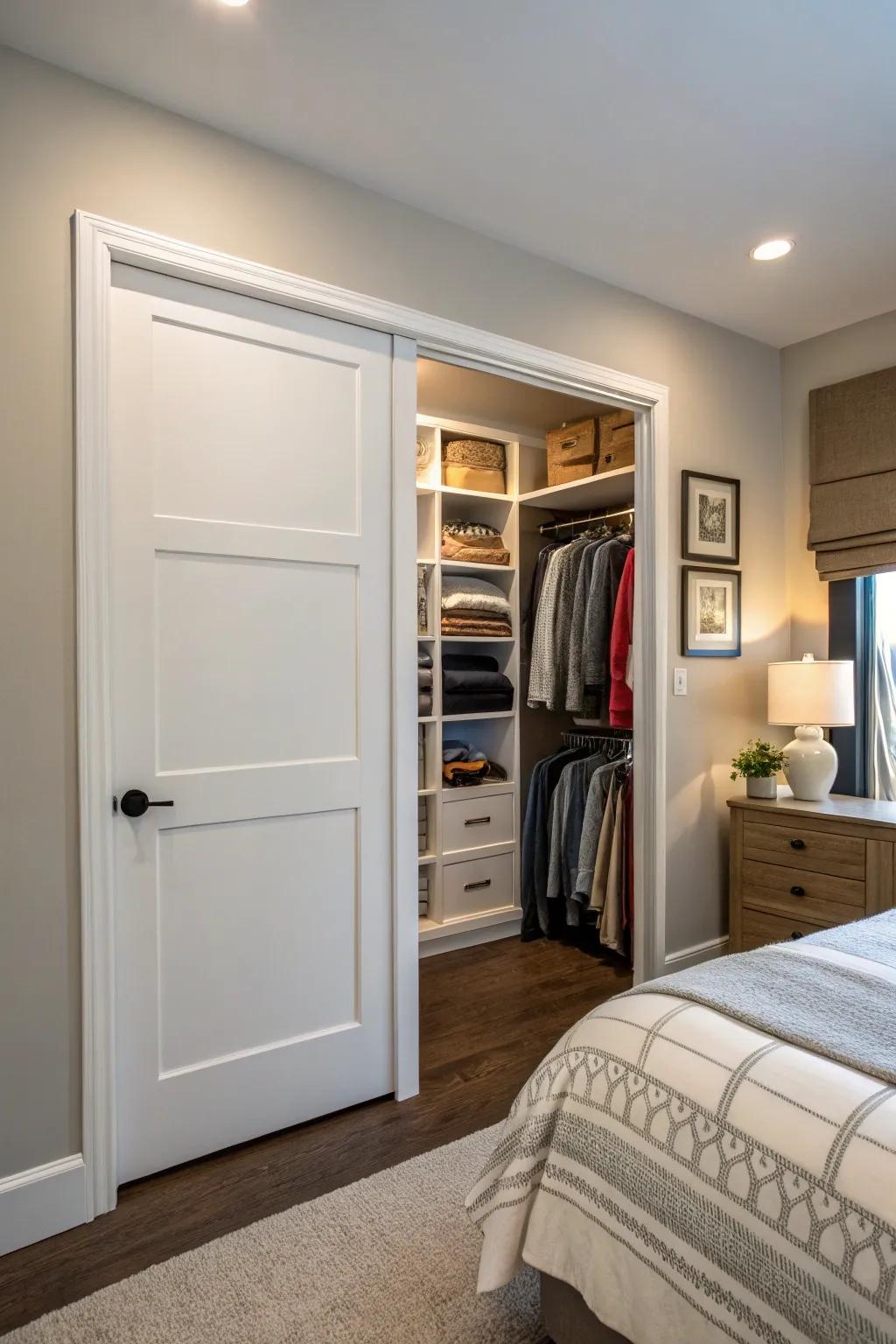 A hidden pocket door cleverly conceals a closet in the bedroom.